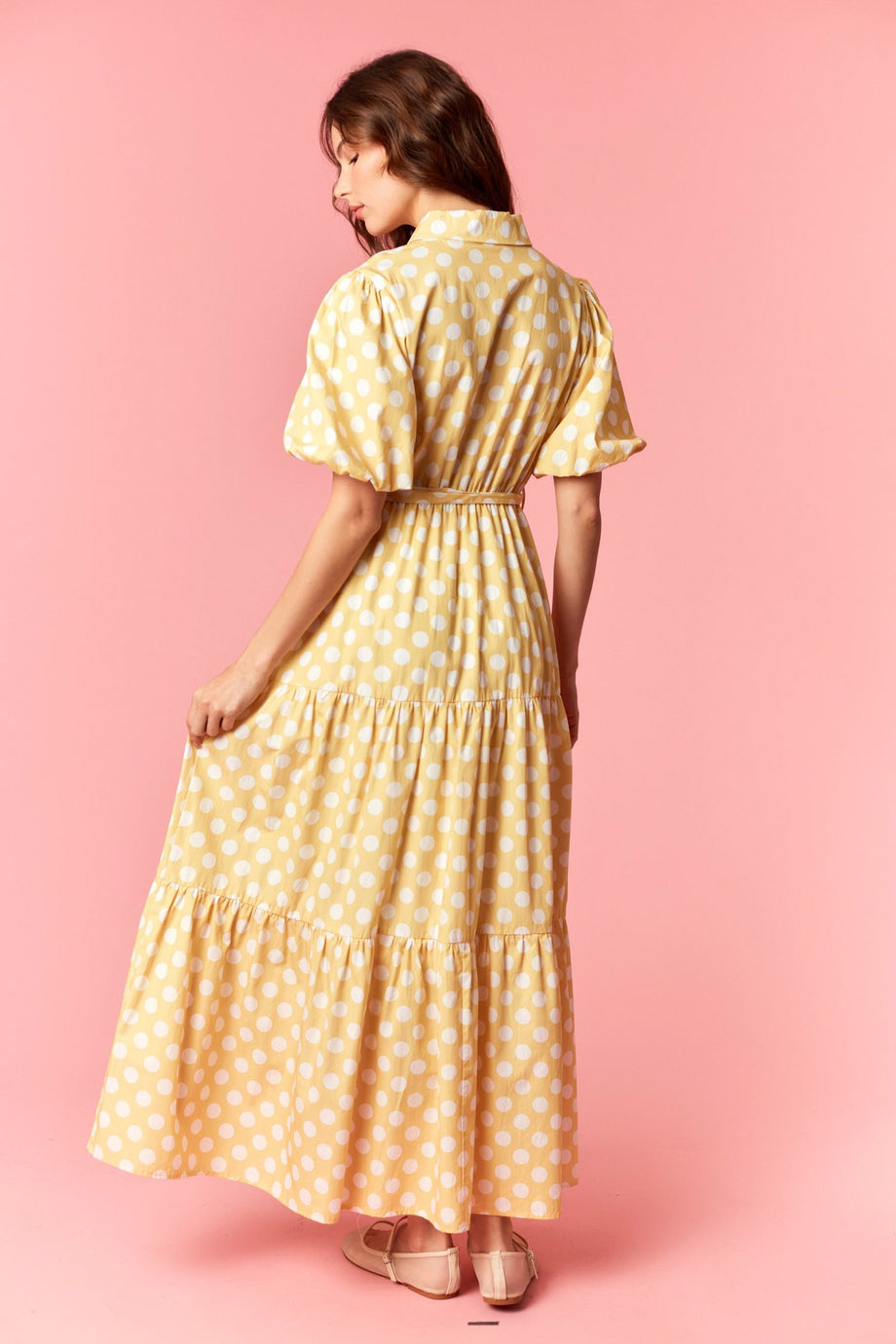 yellow polka dot midi dress Blythe Midi Dress