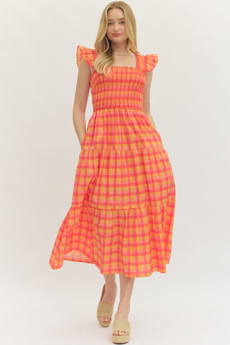 orange white checkered dress Whistles Gingham Check Shirred Dress Orange/Multi Size 4